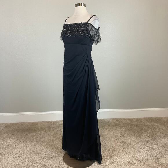 XSCAPE Off the Shoulder Beaded Long Chiffon Evening Gown Blue Size 16 Dress - Picture 4 of 12